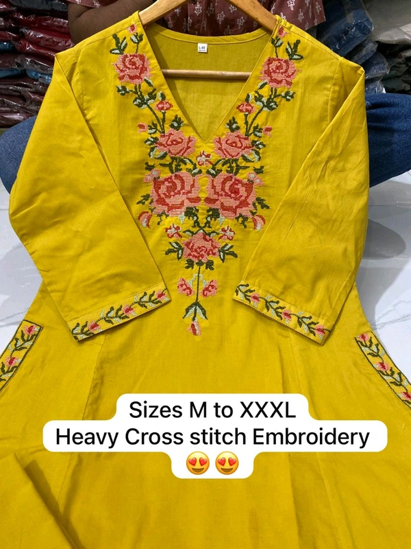 LCW 5793 New Pure Cotton Kurti Pant Set Cross Stitch Heavy Embriodery Both side pocket in kurti with embroidery  - Yellow, 3XL-46