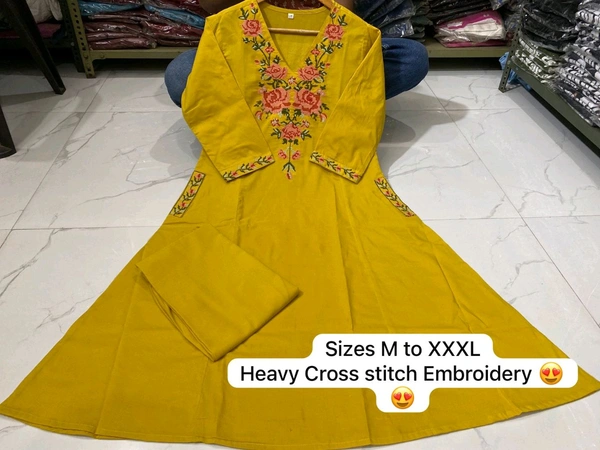 LCW 5793 New Pure Cotton Kurti Pant Set Cross Stitch Heavy Embriodery Both side pocket in kurti with embroidery  - Yellow, 3XL-46