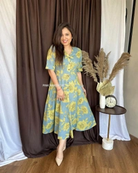 KDJ 4333 Premium Cotton Printed Fir Flair Kurti  - Gold, L-40