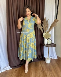 KDJ 4333 Premium Cotton Printed Fir Flair Kurti  - Gold, XL-42