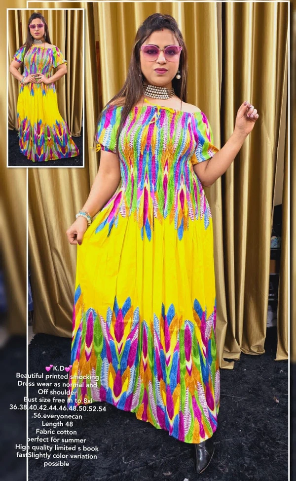 KDC 1060 Beautiful Printed Smooking Dress - Yellow, 7XL–54