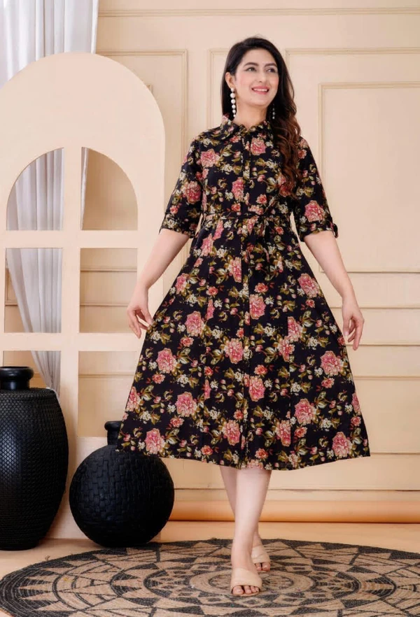 KDJ 1049 Flower Printed Designer Dress - Black, 38-M