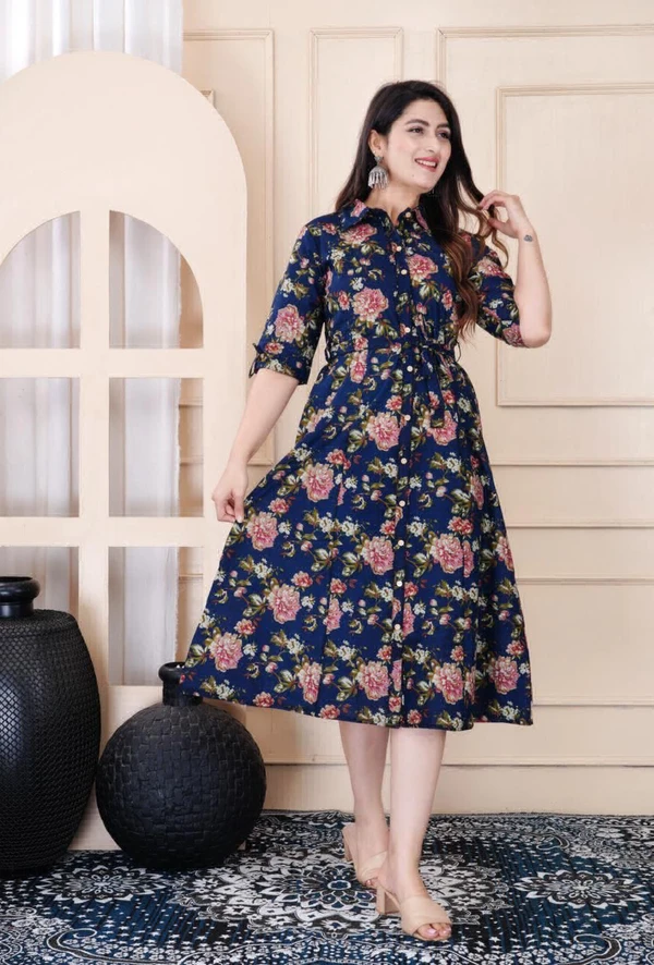 KDJ 1049 Flower Printed Designer Dress - Black, 42-XL