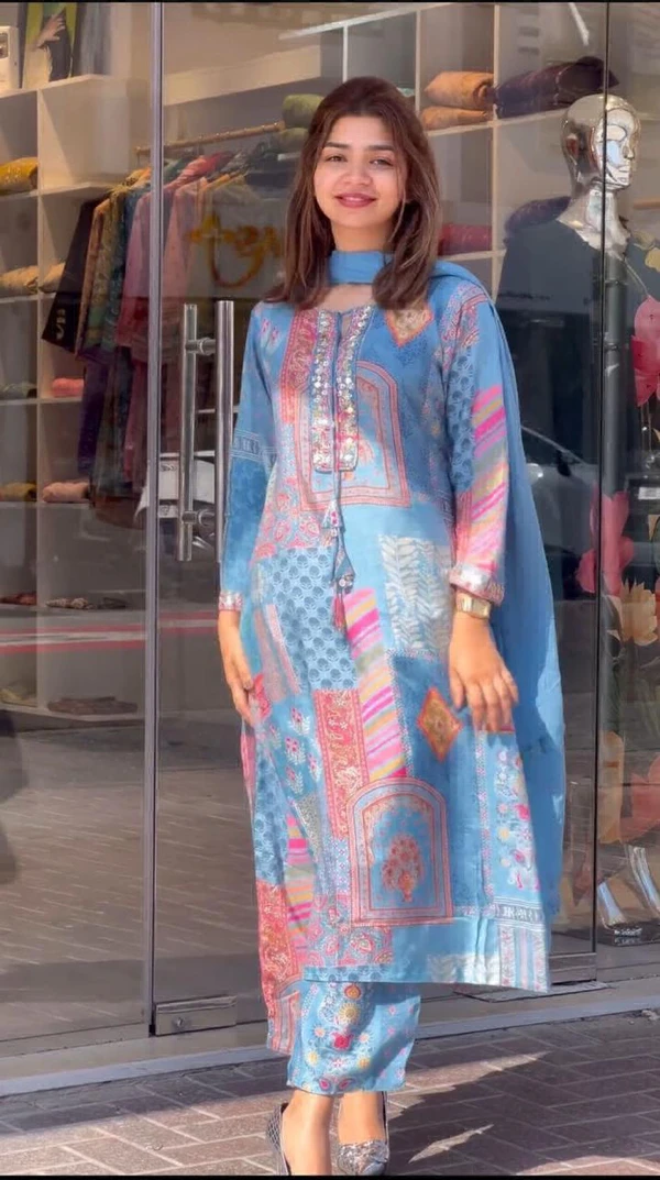 VRE A-LINE KURTI WITH PANT DUPATTA  - Cornflower Blue, M-38