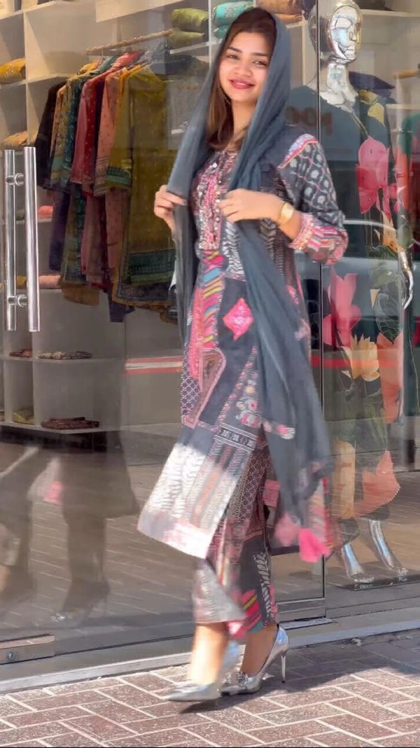 VRE A-LINE KURTI WITH PANT DUPATTA  - Gray, 46-3XL