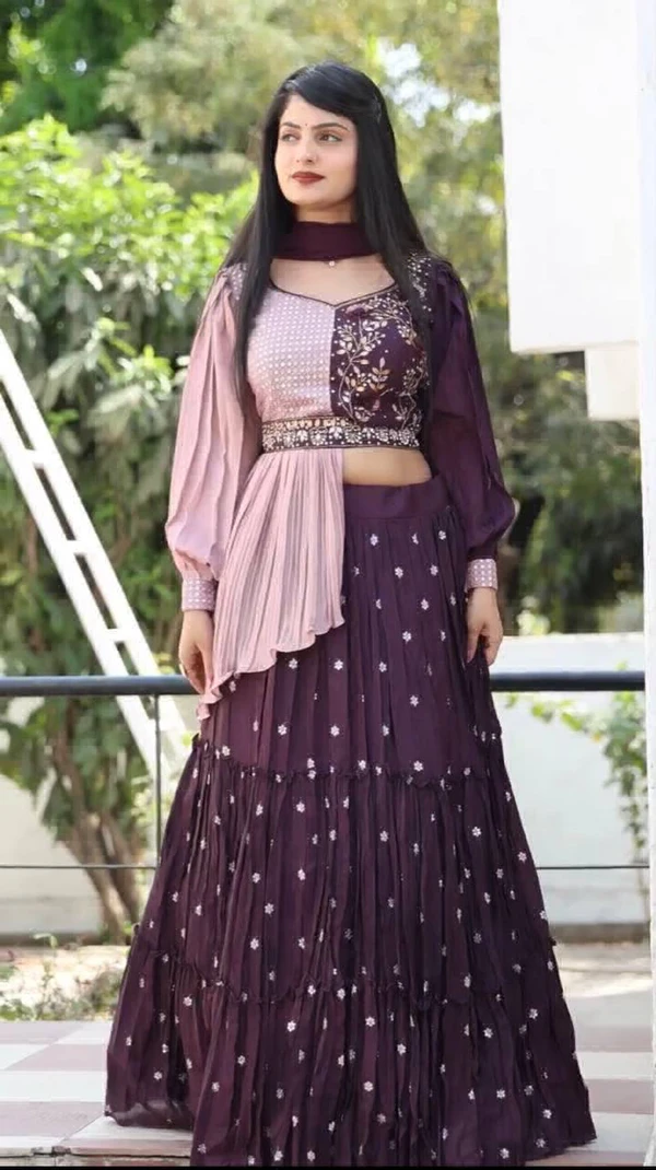 VRE Designer Party Wear Lehenga With Crop Top - Purple, XL