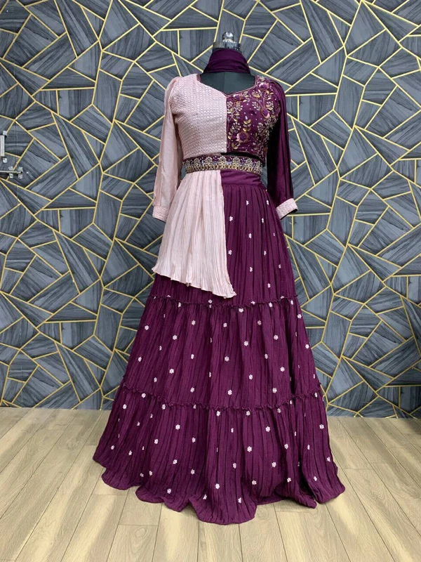 VRE Designer Party Wear Lehenga With Crop Top - Purple, XL