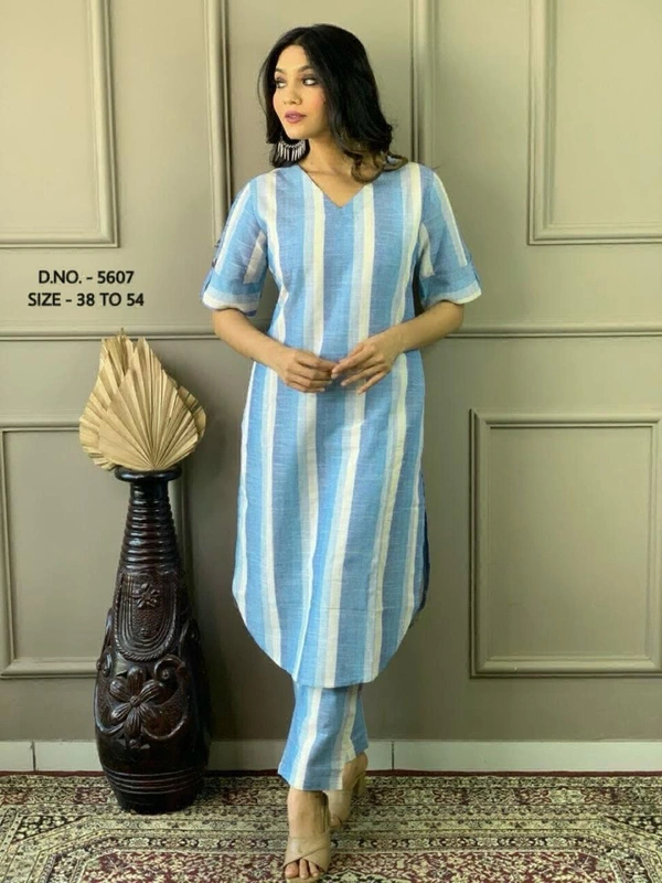 KDJ 3649 Cotton Long Kurti Set  - Cornflower Blue, M-38