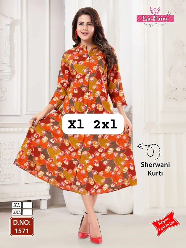 La Fairy Umbrella Style Kurti  - Yellow Orange, 2XL-44