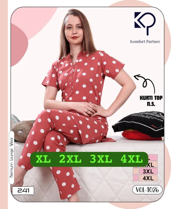 La Fairy  NIGHT SUIT KURTA STYLE  - Red, XL-42