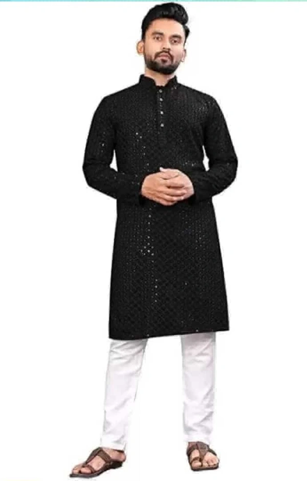 Square  MEN Chikan Embroidery Cotton Rayon Straight Kurta  - Black, 3XL-46