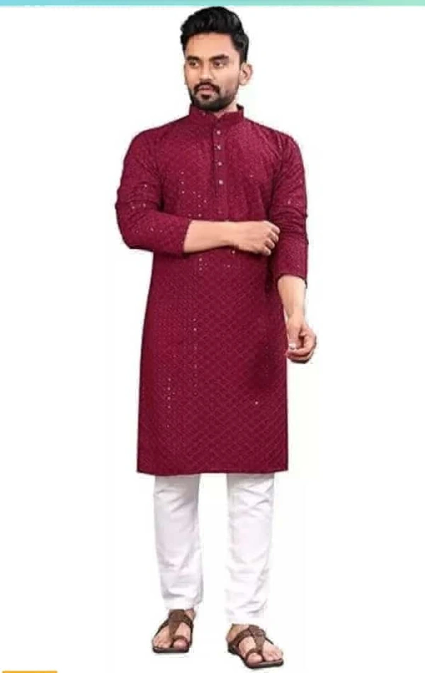 Square  Men Chikan Embroidery Cotton Rayon Straight Kurta  - Maroon, L-40