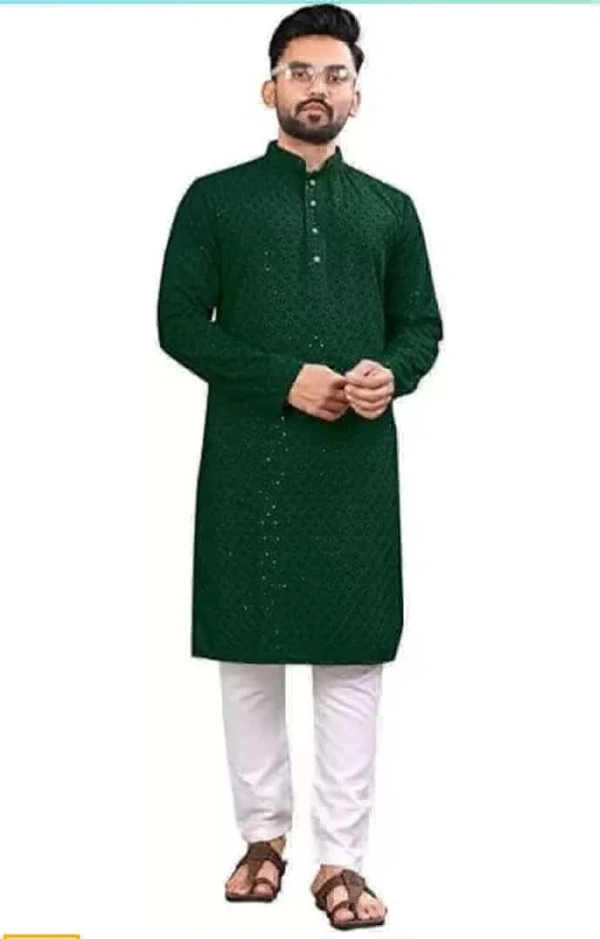 Square  Men Chikan Embroidery Cotton Rayon Straight Kurta  - bottle green, 44-2XL