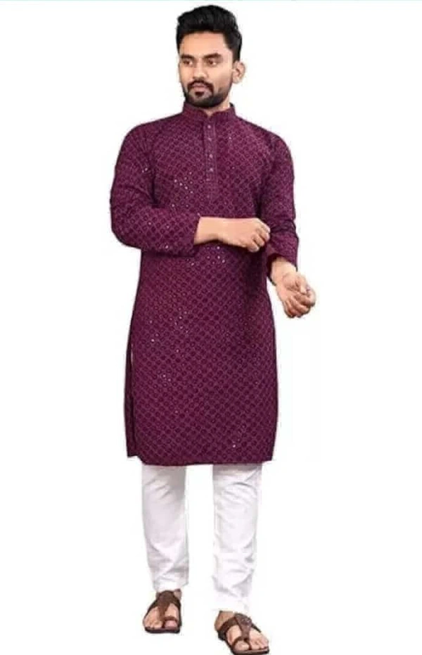 Square  Men Chikan Embroidery Cotton Rayon Straight Kurta  - wine, S-36