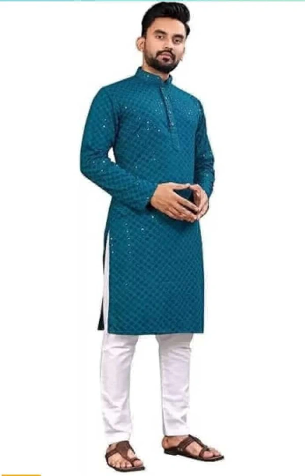 Square  Men Chikan Embroidery Cotton Rayon Straight Kurta  - peckoc blue, S-36