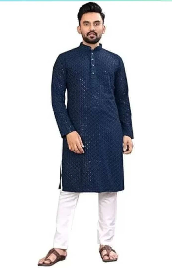 Square  Men Chikan Embroidery Cotton Rayon Straight Kurta  - Navy Blue, S-36