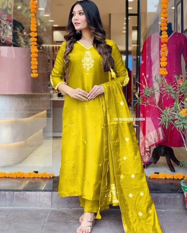 KDJ REYON FEBRIK KURTI WITH PANT DUPATTA  - Yellow, M-38