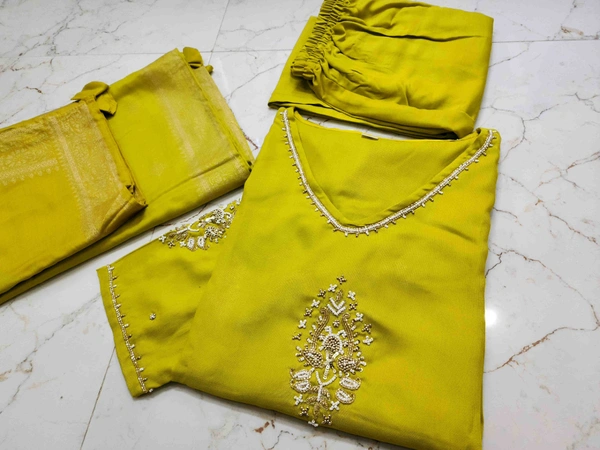 KDJ REYON FEBRIK KURTI WITH PANT DUPATTA  - Yellow, M-38