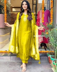 KDJ REYON FEBRIK KURTI WITH PANT DUPATTA  - Yellow, M-38