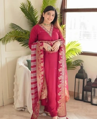 KDJ REYON STRAIGHT KURTI WITH PANT DUPATTA  - Red, L-40