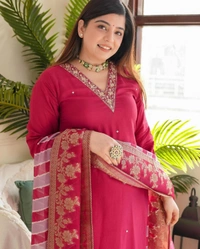 KDJ REYON STRAIGHT KURTI WITH PANT DUPATTA  - Red, L-40