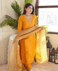 KDJ REYON STRAIGHT KURTI WITH PANT DUPATTA  - yellow, L-40
