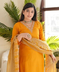 KDJ REYON STRAIGHT KURTI WITH PANT DUPATTA  - yellow, L-40