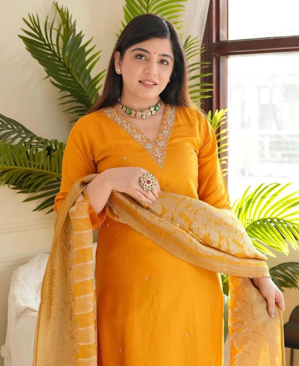 KDJ REYON STRAIGHT KURTI WITH PANT DUPATTA  - yellow, L-40