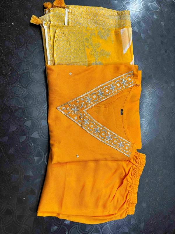 KDJ REYON STRAIGHT KURTI WITH PANT DUPATTA  - yellow, L-40