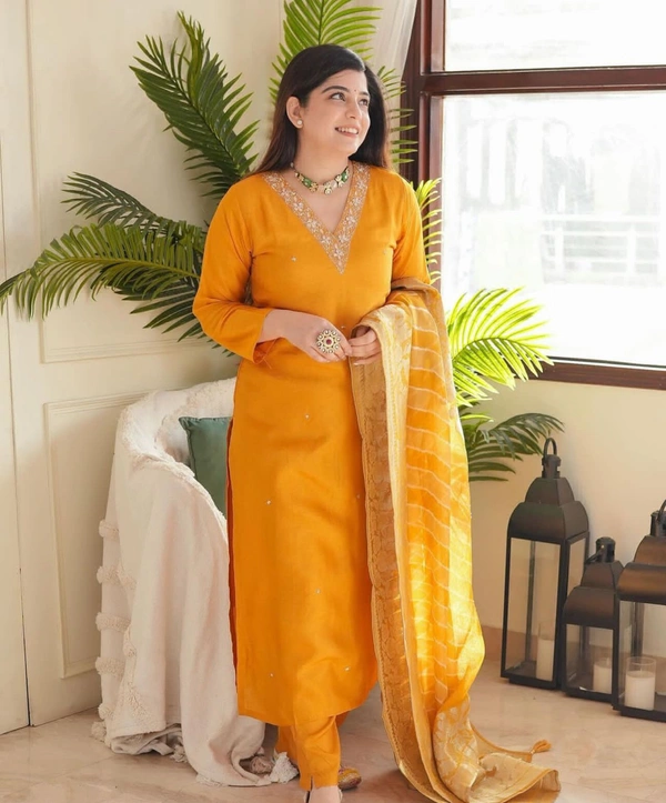 KDJ REYON STRAIGHT KURTI WITH PANT DUPATTA  - yellow, 42-XL