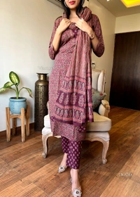 KDJ 3541 Cotton Kurta Set With Pant Dupatta  - L-40