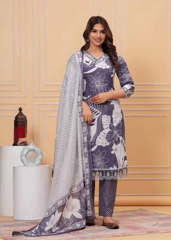 KDJ 3543 Cotton Kurta Set With Pant Dupatta  - Purple, L-40