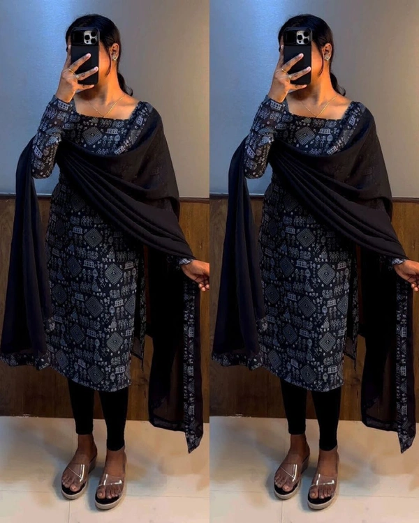 STC Kurti Set With Dupatta  - Black, S-36