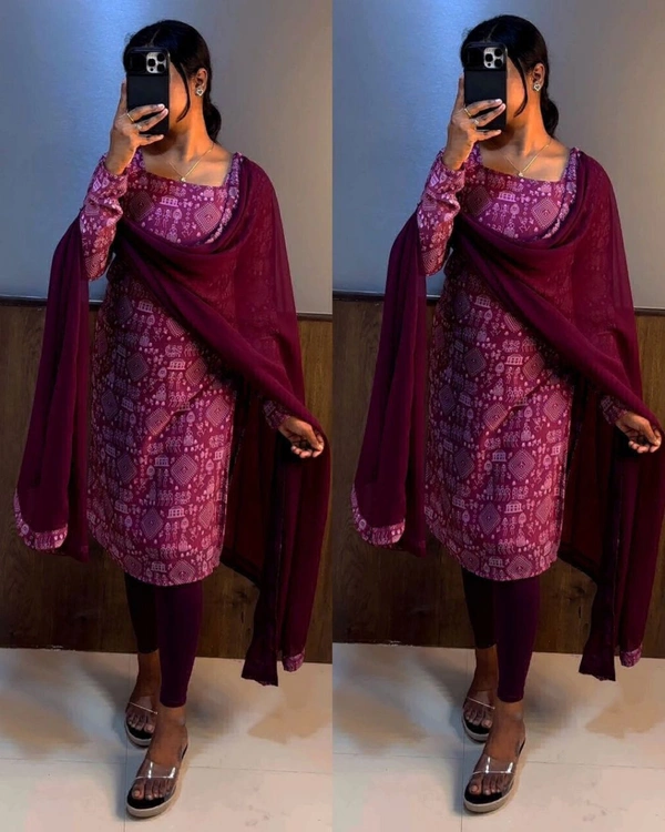 STC Kurti Set With Dupatta  - Purple, S-36