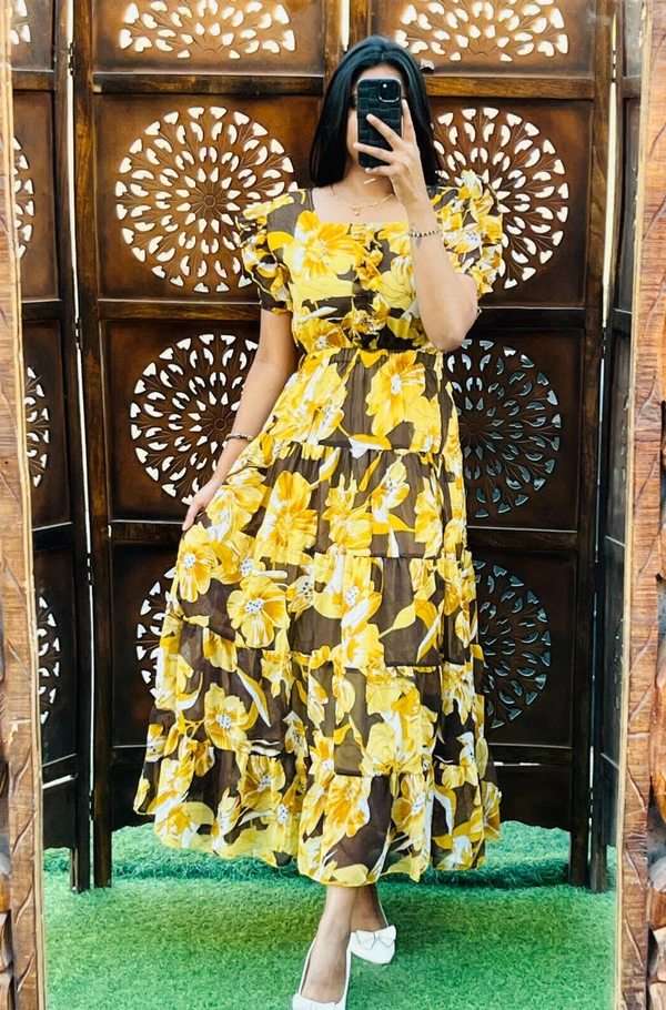KD18 1004 Long Frill Dress  - 40, Yellow