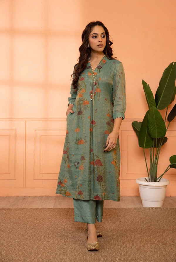 KDJ 5300 Beautiful Collar Kurti Set  - green, 42-XL