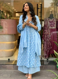 KDJ 5040  Designer three piec Mughal block kurti pant dupatta set    - M-38