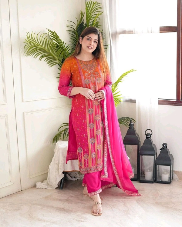 SF3 5055 *HEAVY DESIGNER SUIT SET  Original MIRROR KHATLI Work  beautiful Heavy Suit Set  pants and Lace Dupatta. HEAVY CHIFOON SILK - 2XL-44