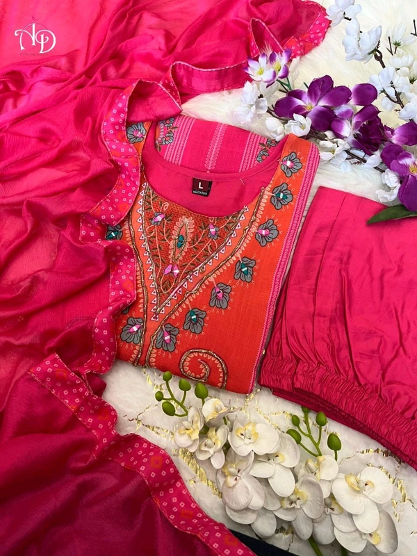 SF3 5055 *HEAVY DESIGNER SUIT SET  Original MIRROR KHATLI Work  beautiful Heavy Suit Set  pants and Lace Dupatta. HEAVY CHIFOON SILK - 3XL-46