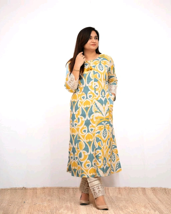 KDJ 5058 *New Launch* *Aline casual pant set* New Cotton casual pant set. *Aline kurta with lace beautiful matching lace detailed pant Side Pockets  - 2XL-44
