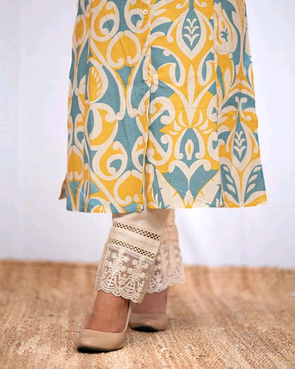 KDJ 5058 *New Launch* *Aline casual pant set* New Cotton casual pant set. *Aline kurta with lace beautiful matching lace detailed pant Side Pockets  - 2XL-44