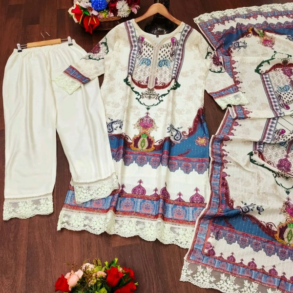 SF3 5062 ✨ Ivory Pakistani Suit  beautifully  prints, sequin embroidery and lace  comfortable  CHIKANKARI WORK LACE HIGH QUALIT - M-38