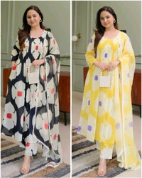 SF3 5365 Pure Cotton Kurti with Pant with cotton Dupatta  - 2XL-44, Black