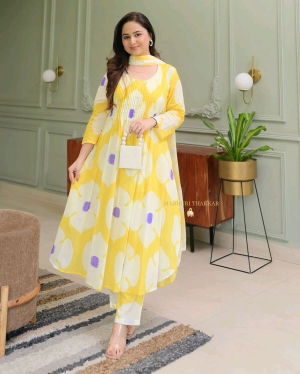 SF3 5365 Pure Cotton Kurti with Pant with cotton Dupatta  - L-40, Yellow