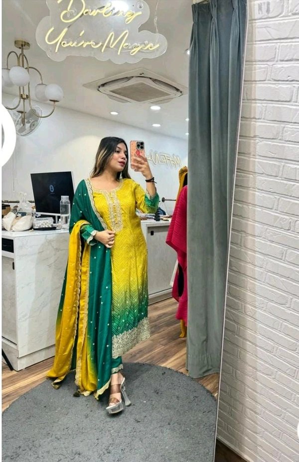 SF3 5367 HAVY CHINON WEAR TOP AND PLAZZO. WITH FANCY DUPPATA AND EMBROIDERY  - Yellow, L-40