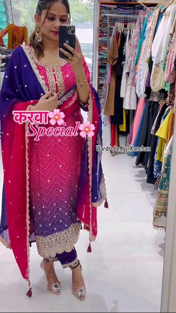 SF3 5367 HAVY CHINON WEAR TOP AND PLAZZO. WITH FANCY DUPPATA AND EMBROIDERY  - Pink Flamingo, L-40