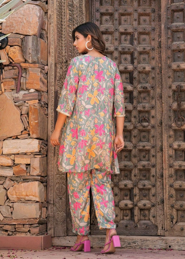 KDJ 5069  Muslin Floral Printed Cord Set  sunflower print Golden Gota Lace work - L-40
