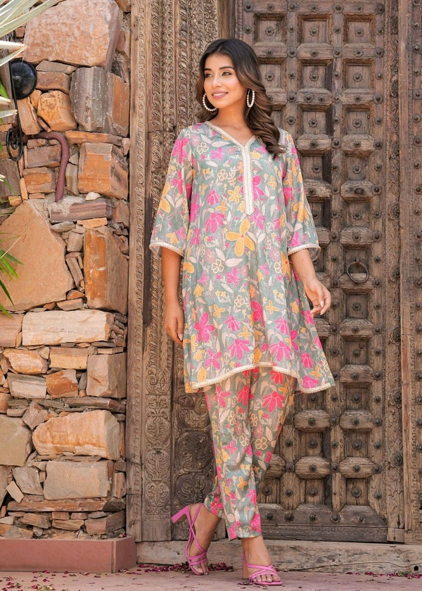 KDJ 5069  Muslin Floral Printed Cord Set  sunflower print Golden Gota Lace work - XL-42