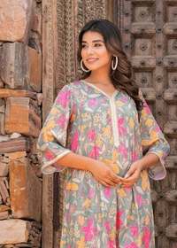 KDJ 5069  Muslin Floral Printed Cord Set  sunflower print Golden Gota Lace work - 2XL-44