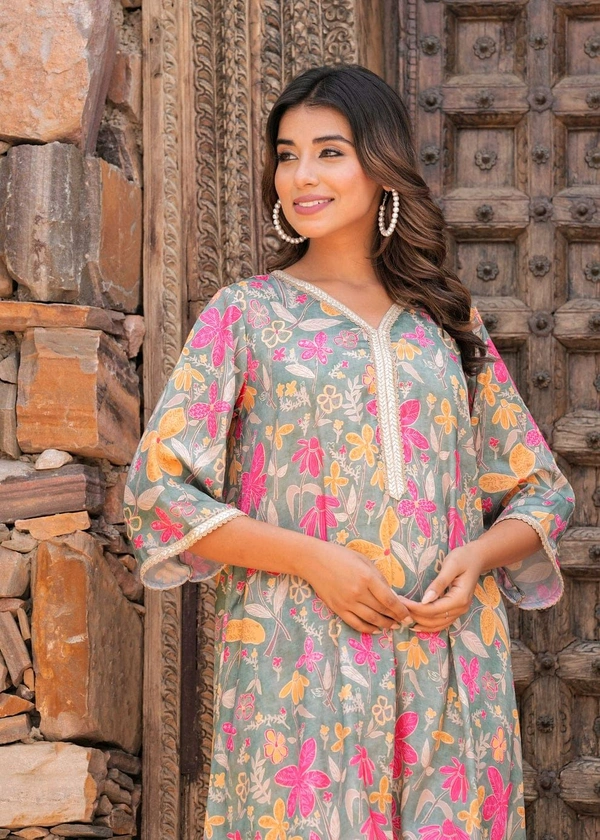 KDJ 5069  Muslin Floral Printed Cord Set  sunflower print Golden Gota Lace work - 2XL-44